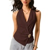 image:imageMakeMeChic Womens Summer Halter Wrap Tops Sleeveless V Neck Ruched Tie Fitted Trendy Going Out TopsCoffee Brown