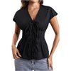 image:imageMakeMeChic Womens Y2K Summer Pleated Tie Front Tank Top Cap Sleeve V Neck Shirt TopsBlack