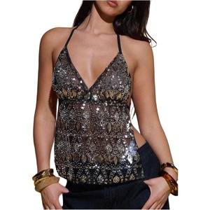 image:imageMAKEMECHIC Womens Sequin Sparkly Halter Crop Tops V Neck Open Back Party Night Out TopBlack and Gold