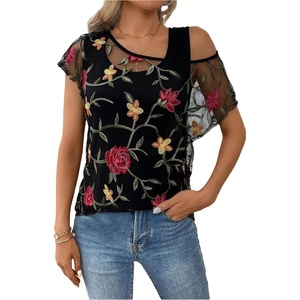 image:imageMakeMeChic Womens 2 in 1 Tee Shirt Short Sleeve Contrast Lace Asymmetrical Neck Summer TopBlack a
