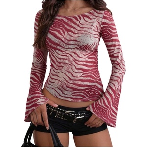 image:imageMakeMeChic Womens Animal Print Top Zebra Print Mesh Long Sleeve T Shirts Y2K Going Out Tops Concert OutfitsRed