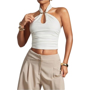 image:imageMakeMeChic Womens Backless Halter Crop Tops Metal Ruched Sleeveless Fitted Going Out TopWhite