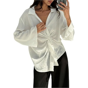 image:imageMakeMeChic Womens Blouse Bell Sleeve V Neck Mesh Twist Front Collared Work Dressy Shirt TopsWhite
