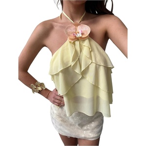 image:imageMakeMeChic Womens Boho 3D Floral Halter Top Ruffle Layered Tie Open Back Summer Vacation Tank TopsYellow
