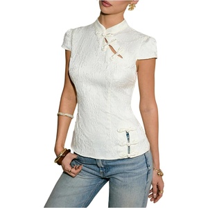 image:imageMakeMeChic Womens Chinese Shirts Summer Cheongsam Tops Mock Neck Buckle Short Sleeve BlouseApricot
