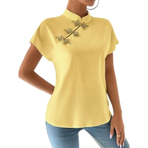 image:imageMakeMeChic Womens Chinese Shirts Summer Cheongsam Tops Mock Neck Buckle Short Sleeve BlouseYellow