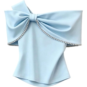image:imageMakeMeChic Womens Cold Shoulder T Shirt Rhinestone Elegant Bow Asymmetrical Dressy Casual TopsBlue