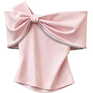 image:imageMakeMeChic Womens Cold Shoulder T Shirt Rhinestone Elegant Bow Asymmetrical Dressy Casual TopsPink