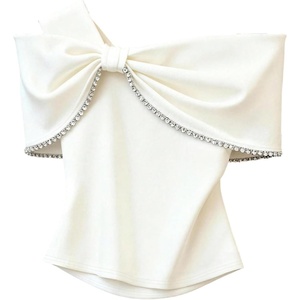 image:imageMakeMeChic Womens Cold Shoulder T Shirt Rhinestone Elegant Bow Asymmetrical Dressy Casual TopsWhite