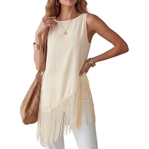 image:imageMakeMeChic Womens Crew Neck Fringe Hem Blouse Sleeveless Keyhole Back Fall Dressy Tank TopsBeige