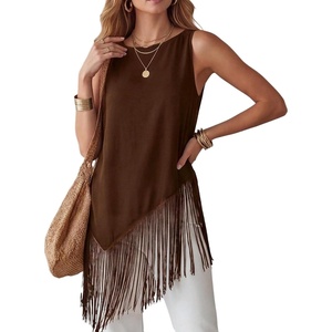 image:imageMakeMeChic Womens Crew Neck Fringe Hem Blouse Sleeveless Keyhole Back Fall Dressy Tank TopsBrown