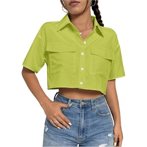 image:imageMakeMeChic Womens Cropped Button Up Shirt Short Sleeve Collar Shirts Blouse Crop TopsGreen