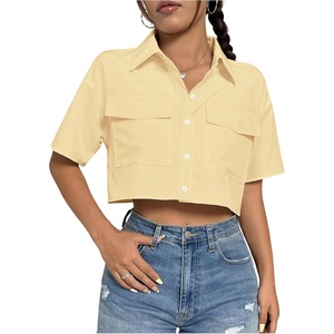 image:imageMakeMeChic Womens Cropped Button Up Shirt Short Sleeve Collar Shirts Blouse Crop TopsMustard Yellow