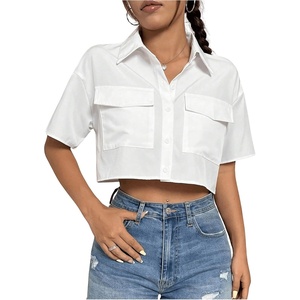 image:imageMakeMeChic Womens Cropped Button Up Shirt Short Sleeve Collar Shirts Blouse Crop TopsWhite