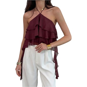 image:imageMakeMeChic Womens Cute Summer Ruffle Halter Crop Tank Top Layered Flowy Y2k Going Out TopsBrown