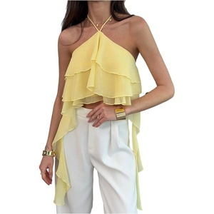 image:imageMakeMeChic Womens Cute Summer Ruffle Halter Crop Tank Top Layered Flowy Y2k Going Out TopsLight Yellow