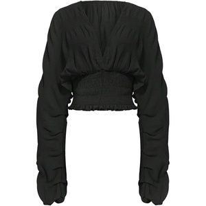 image:imageMakeMeChic Womens Deep V Neck Lantern Sleeve Crop Blouse Ruffle TopsBlack