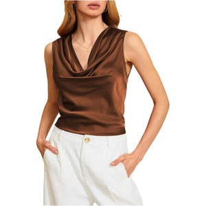 image:imageMakeMeChic Womens Draped Cowl Neck Tops Satin Tank Tops Silk Office Work Shirts Summer BlousesBrown B