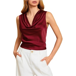 image:imageMakeMeChic Womens Draped Cowl Neck Tops Satin Tank Tops Silk Office Work Shirts Summer BlousesRed a
