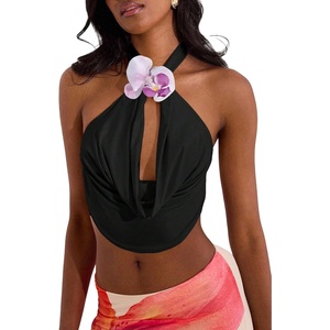 image:imageMakeMeChic Womens Draped Neck Halter Top 3D Floral Backless Sleeveless Summer Beach Vacation Crop Tank TopsBlack