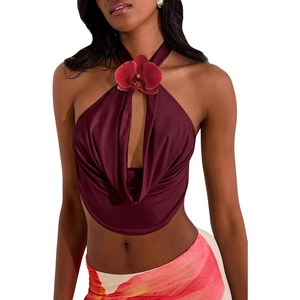 image:imageMakeMeChic Womens Draped Neck Halter Top 3D Floral Backless Sleeveless Summer Beach Vacation Crop Tank TopsRed