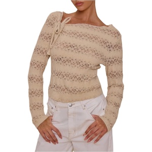 image:imageMakeMeChic Womens Elegant Boat Neck Sweater Tie Long Sleeve Knit Pullover TopsApricot