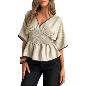 image:imageMakeMeChic Womens Elegant Peplum Tops V Neck Dolman Sleeve Smocked Dressy BlouseApricot