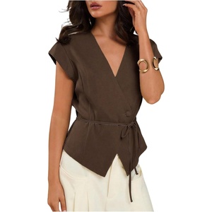 image:imageMakeMeChic Womens Fall Wrap V Neck Blouse Button Up Cap Sleeve Belted Business Dressy TopsBrown