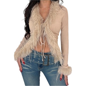image:imageMakeMeChic Womens Faux Fur Fuzzy Long Sleeve Top Mesh Lace Open Front Y2K Tee ShirtsKhaki