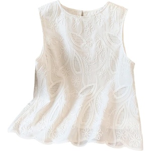 image:imageMakeMeChic Womens Floral Blouse Eyelet Embroidery Sleeveless Crew Neck Boho Dressy Shirt TopsWhite