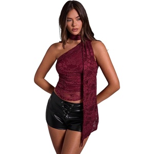 image:imageMakeMeChic Womens Floral Lace One Shoulder Tank Top Ruched Sleeveless Y2k Tops with ScarfDark Red N