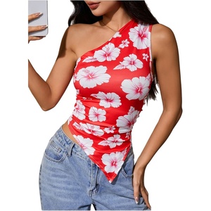 image:imageMakeMeChic Womens Floral One Shoulder Tank Top Ruched Asymmetrical Sleeveless Y2k TopsRed D