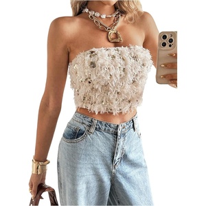 image:imageMakeMeChic Womens Furry Sequin Summer Tube Tops Strapless Sleeveless Going Out Tops Y2K OutfitsApricot