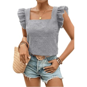 image:imageMakeMeChic Womens Gingham Top Summer Ruffle Flying Sleeve Square Neck Linen Cute Plaid Blouse ShirtsBlack and White