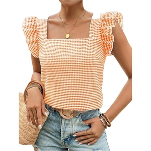 image:imageMakeMeChic Womens Gingham Top Summer Ruffle Flying Sleeve Square Neck Linen Cute Plaid Blouse ShirtsOrange