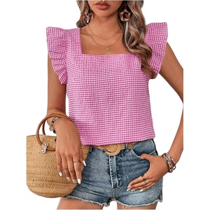 image:imageMakeMeChic Womens Gingham Top Summer Ruffle Flying Sleeve Square Neck Linen Cute Plaid Blouse ShirtsPink