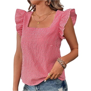 image:imageMakeMeChic Womens Gingham Top Summer Ruffle Flying Sleeve Square Neck Linen Cute Plaid Blouse ShirtsRed and White