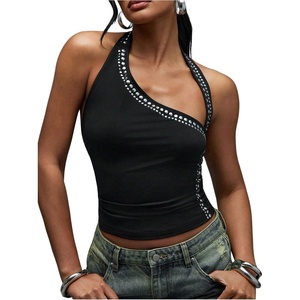 image:imageMakeMeChic Womens Halter Tops Backless Studded Asymmetrical Fitted Club Rave Grunge TankBlack