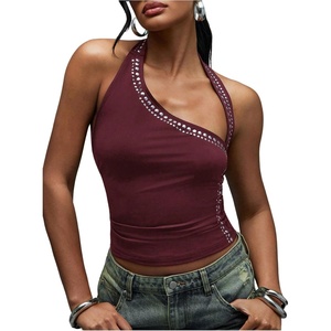 image:imageMakeMeChic Womens Halter Tops Backless Studded Asymmetrical Fitted Club Rave Grunge TankBurgundy