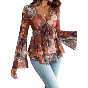 image:imageMakeMeChic Womens Hippie Blouse Top Paisley Print V Neck Bell Sleeve Ruffle Boho 70s Shirt TopsMulticolor