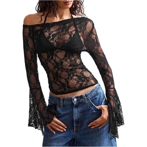 image:imageMakeMeChic Womens Lace Asymmetrical Top Vacation Sheer Coverup Y2k Floral Bell Sleeve T ShirtBlack