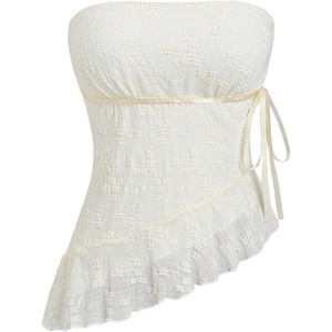 image:imageMakeMeChic Womens Lace Strapless Tube Asymmetrical Ruffle Bandeau Y2k Summer Crop TopsApricot