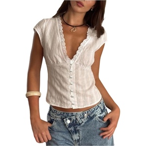 image:imageMakeMeChic Womens Lace Trim Blouse Dressy Casual Crop Cap Sleeve Deep V Neck Button Down Shirt TopWhite