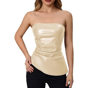 image:imageMakeMeChic Womens Leather Corset Tops Strapless Tube Asymmetrical Ruched Backless Crop Going Out TopsApricot