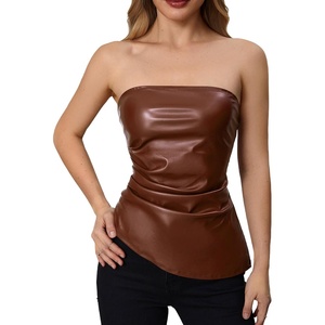 image:imageMakeMeChic Womens Leather Corset Tops Strapless Tube Asymmetrical Ruched Backless Crop Going Out TopsBrown