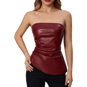 image:imageMakeMeChic Womens Leather Corset Tops Strapless Tube Asymmetrical Ruched Backless Crop Going Out TopsBurgundy