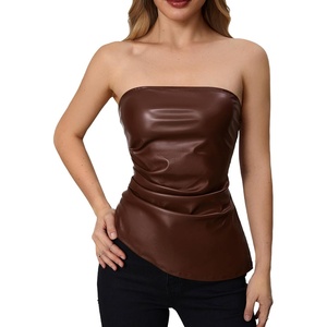 image:imageMakeMeChic Womens Leather Corset Tops Strapless Tube Asymmetrical Ruched Backless Crop Going Out TopsCoffee Brown