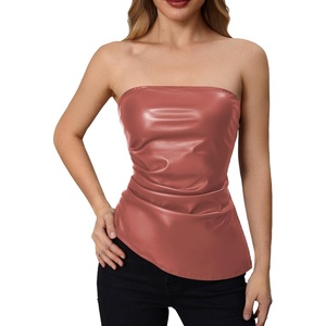 image:imageMakeMeChic Womens Leather Corset Tops Strapless Tube Asymmetrical Ruched Backless Crop Going Out TopsDusty Pink