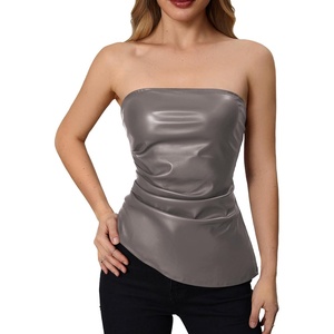 image:imageMakeMeChic Womens Leather Corset Tops Strapless Tube Asymmetrical Ruched Backless Crop Going Out TopsGrey