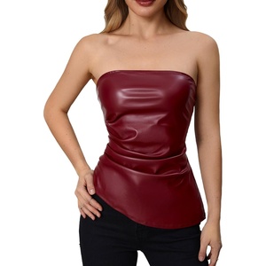image:imageMakeMeChic Womens Leather Corset Tops Strapless Tube Asymmetrical Ruched Backless Crop Going Out TopsMaroon